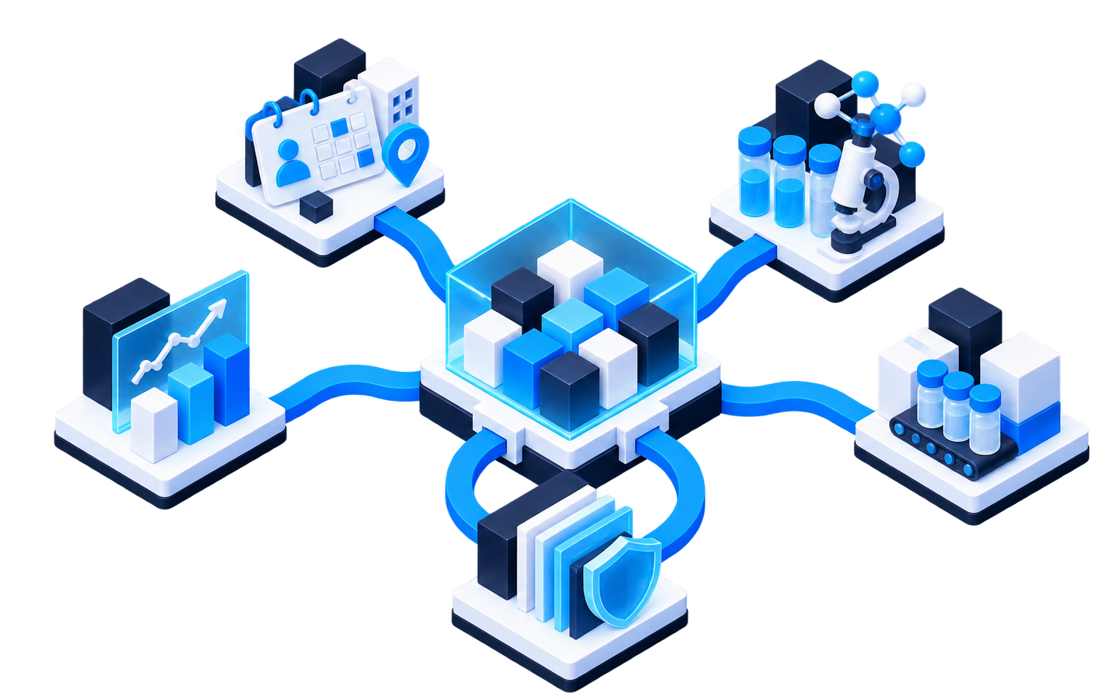 Isometric life sciences program hub connected with clinical work, laboratory evidence, planning, manufacturing and governed AI
